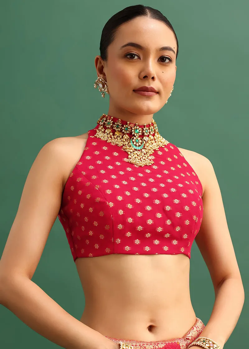 Red Georgette Saree With Zari Jaal Bandhani Weave