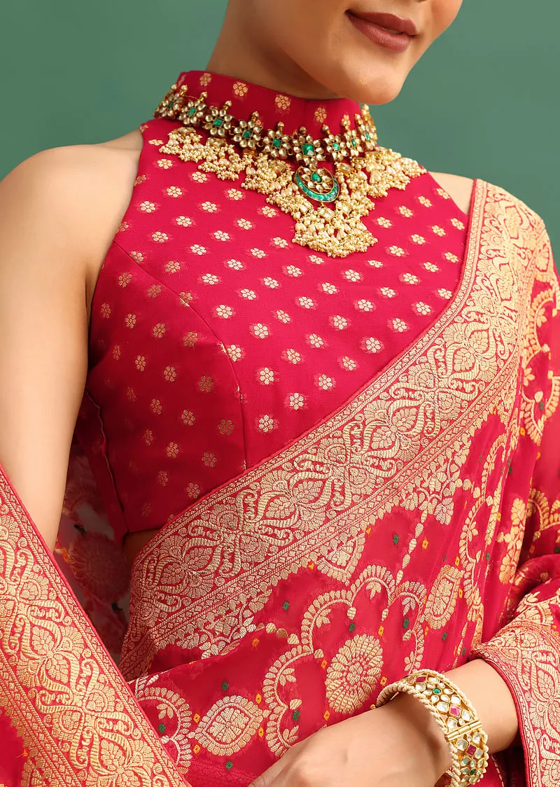 Red Georgette Saree With Zari Jaal Bandhani Weave