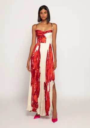 Red ivory pleated asymmetric maxi dress