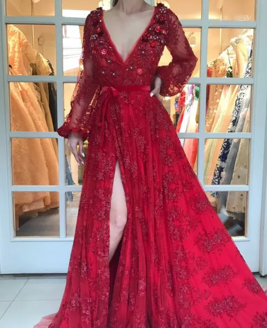 red lace prom dresses 2020 flare sleeve beaded elegant a line v neck sexy prom gown