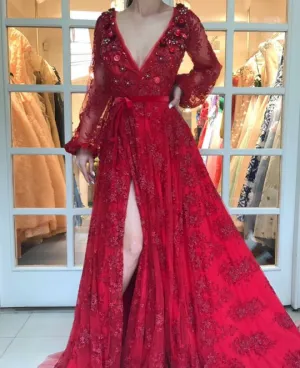 red lace prom dresses 2020 flare sleeve beaded elegant a line v neck sexy prom gown
