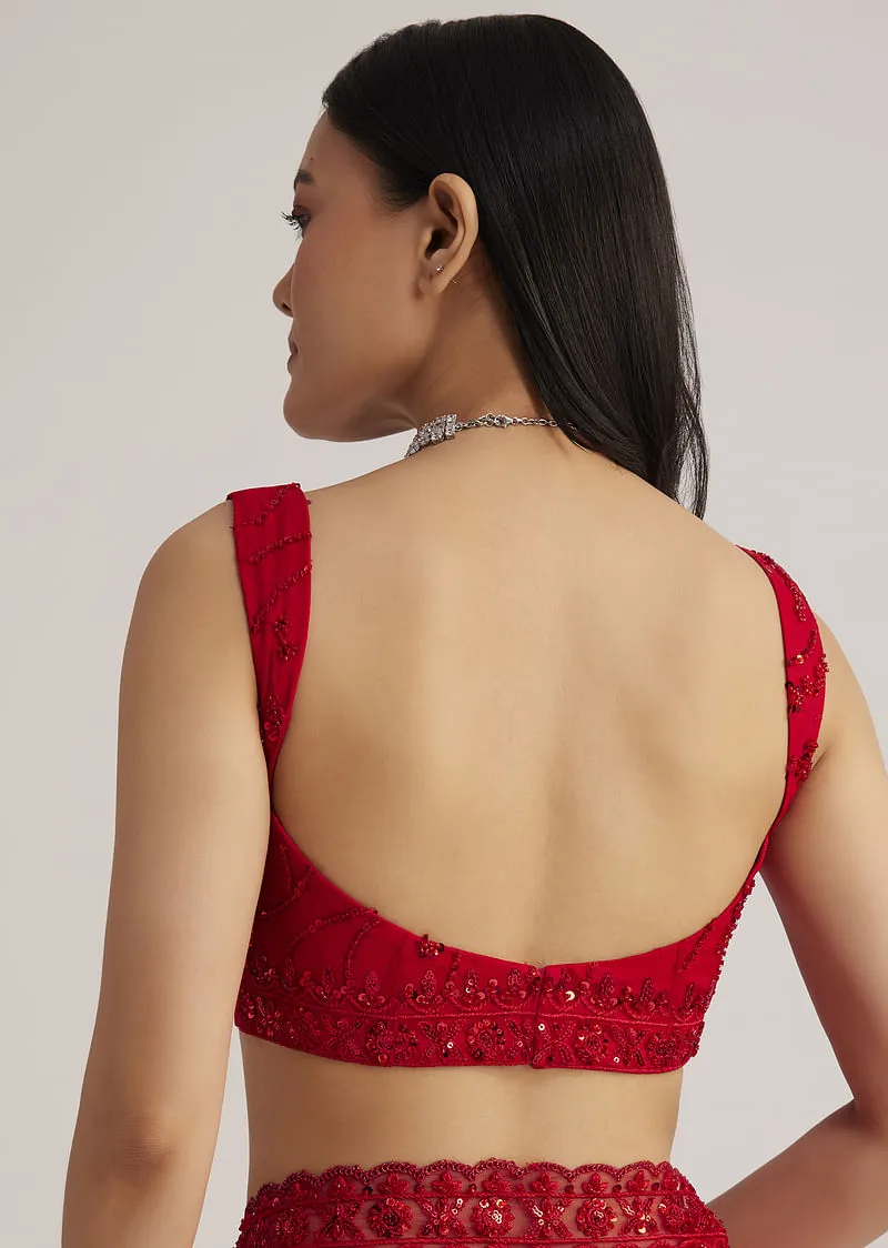 Red Net Saree With Sequins And Stone Detailing