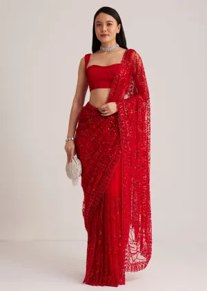 Red Net Saree With Sequins And Stone Detailing