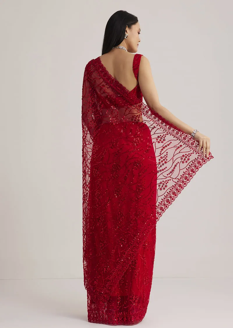 Red Net Saree With Sequins And Stone Detailing