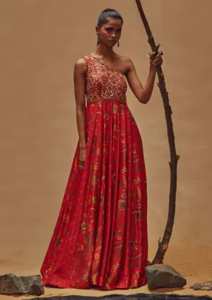 Red One Shoulder Maxi Dress