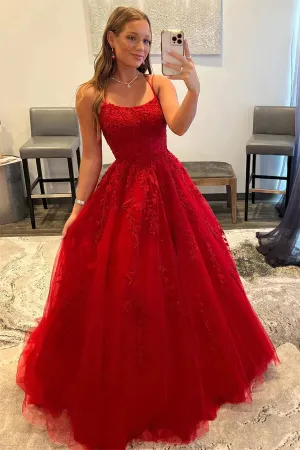 Red Tulle A-line Scoop Prom Dresses With Lace Appliques, Evening Gowns, MP792