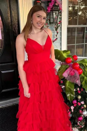 Red Tulle A-line V-neck Layers Long Prom Dresses, Evening Dresses, MP951
