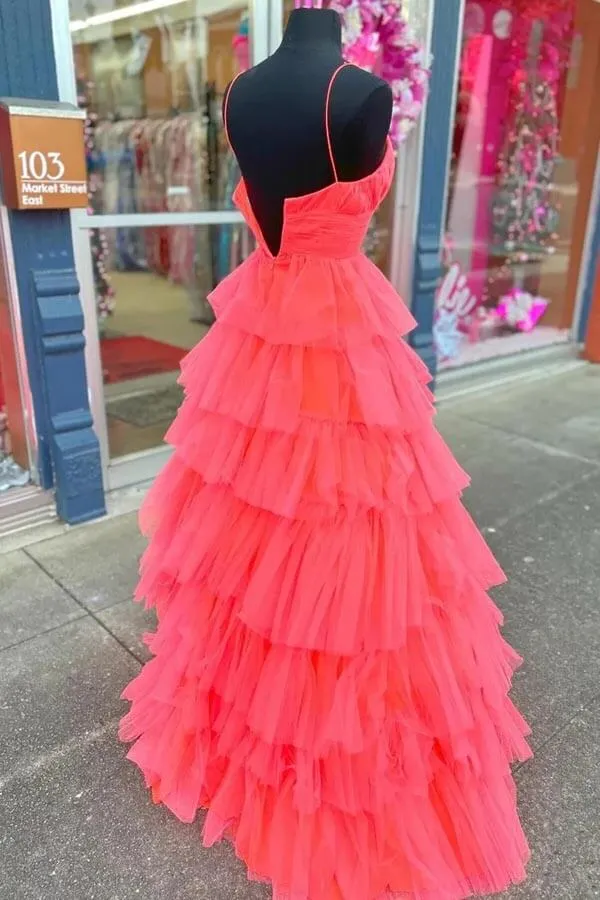 Red Tulle A-line V-neck Layers Long Prom Dresses, Evening Dresses, MP951