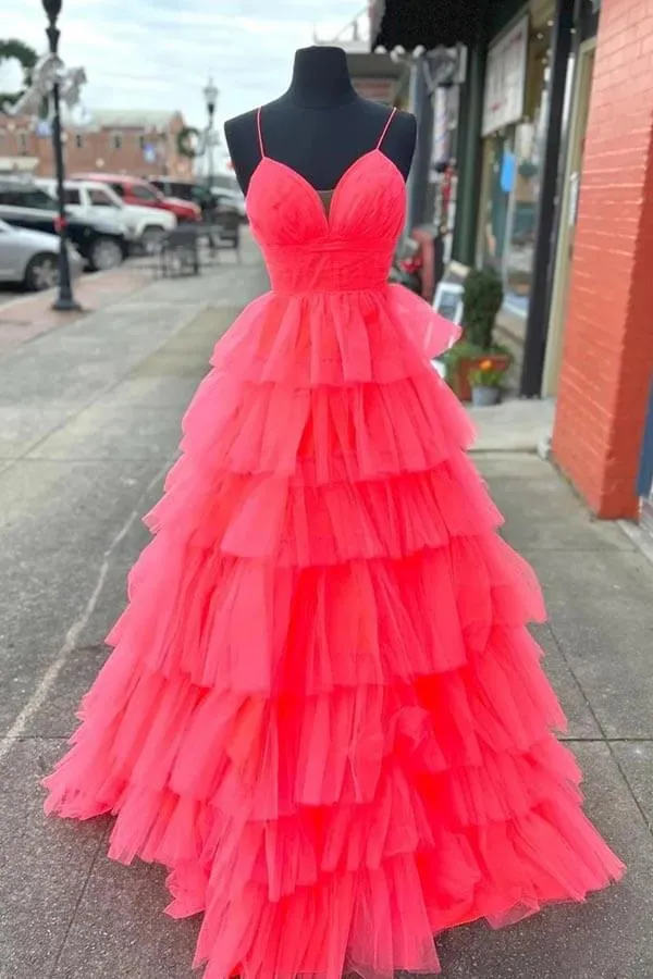 Red Tulle A-line V-neck Layers Long Prom Dresses, Evening Dresses, MP951