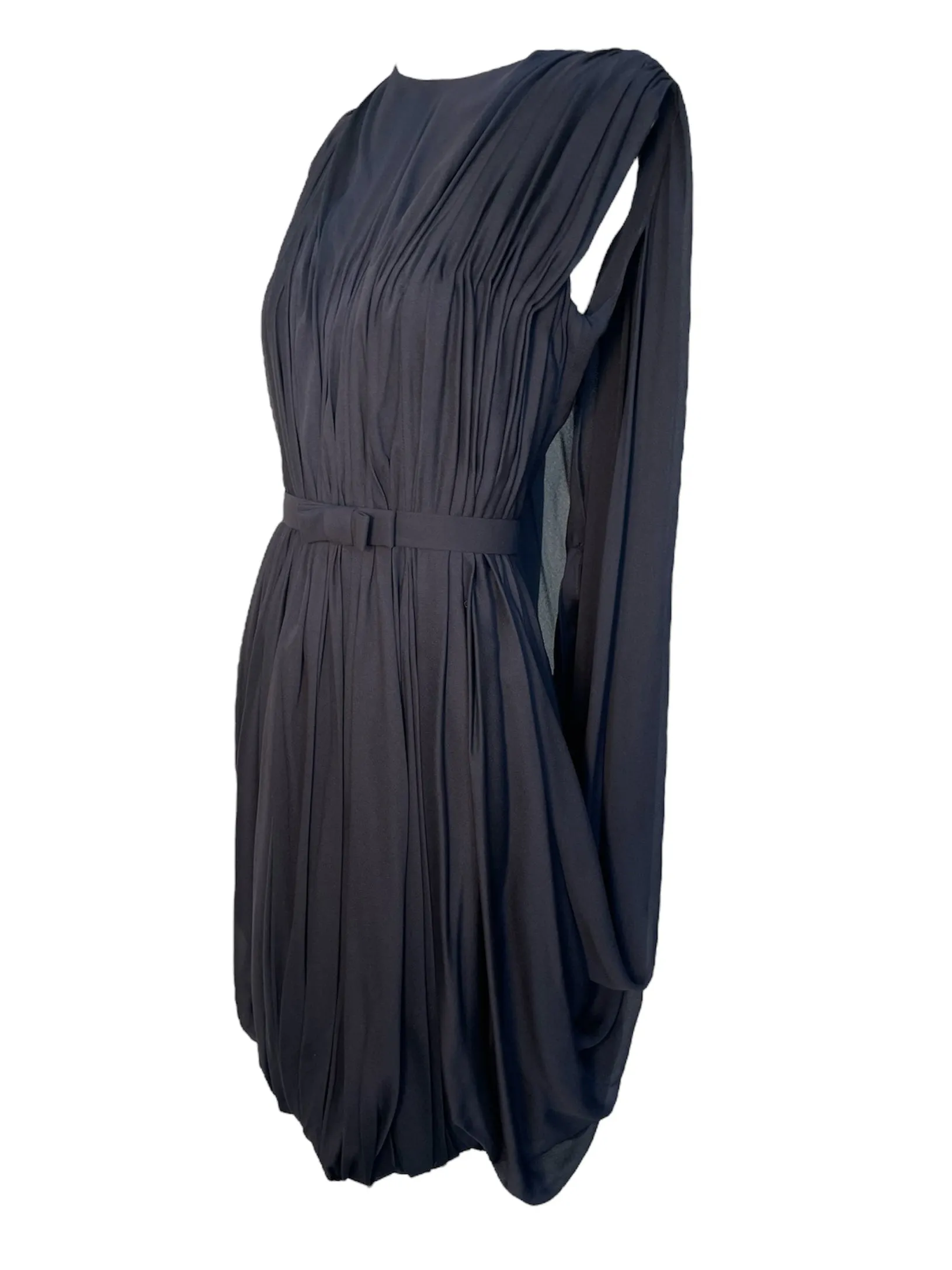 Reem Acra Pleated Little Black Dress with Bow Belt