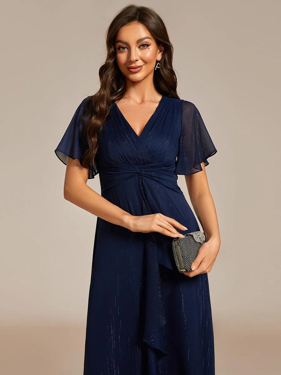 Robe d'invité de mariage mi-longue trapèze à manches courtes et paillettes avec ourlet à volants