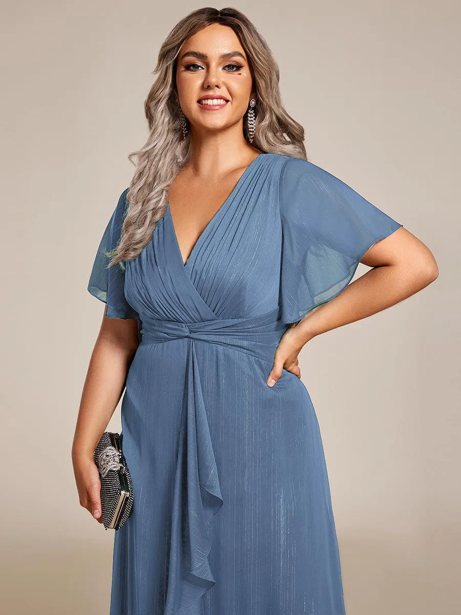 Robe d'invité de mariage mi-longue trapèze à manches courtes et paillettes avec ourlet à volants