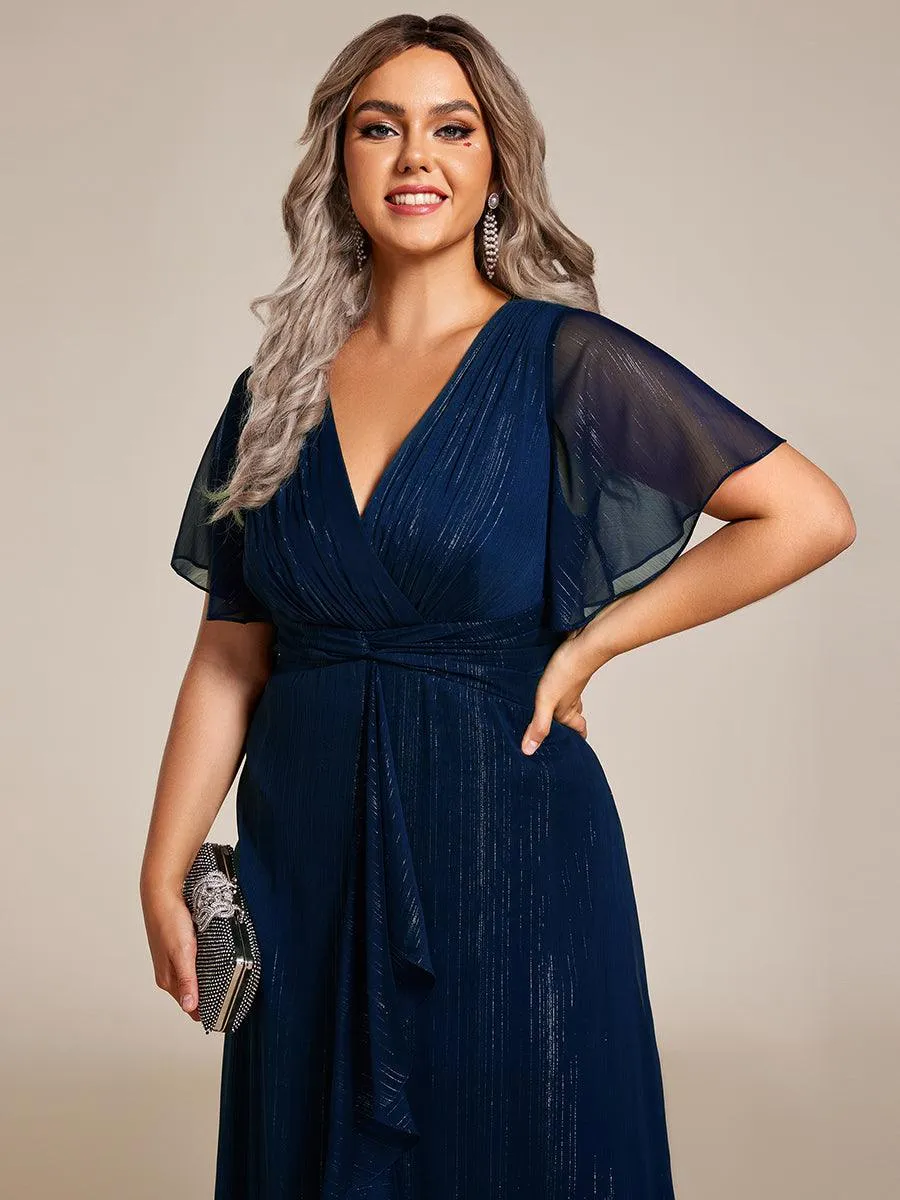Robe d'invité de mariage mi-longue trapèze à manches courtes et paillettes avec ourlet à volants