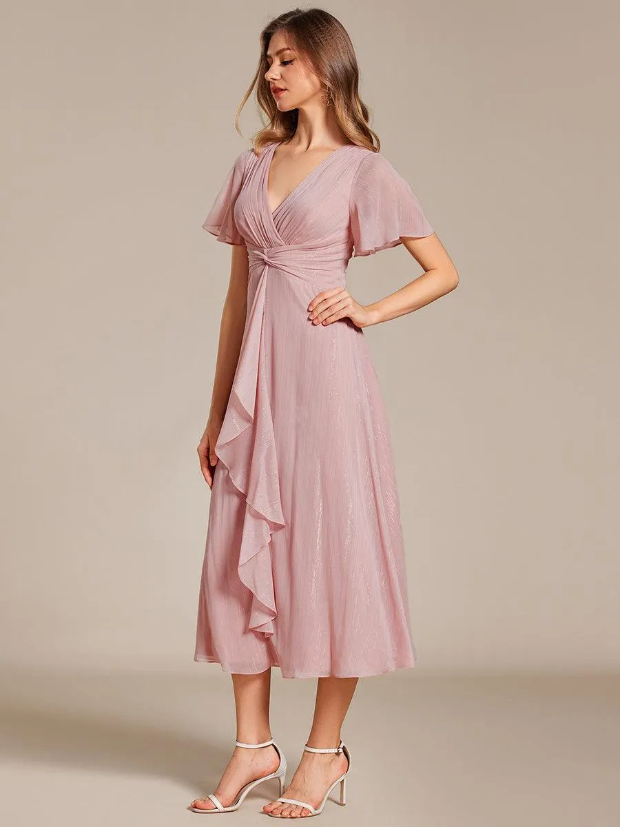 Robe d'invité de mariage mi-longue trapèze à manches courtes et paillettes avec ourlet à volants