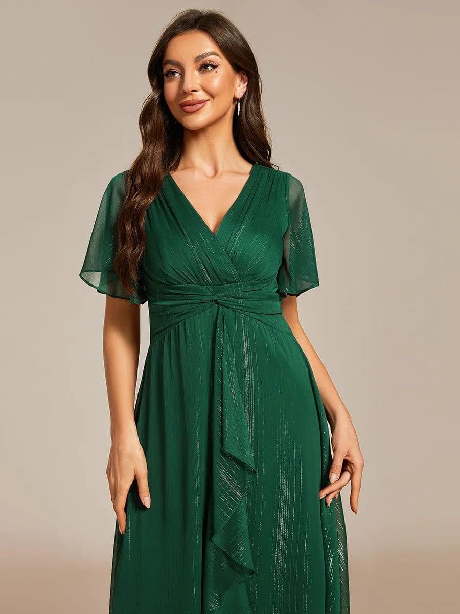 Robe d'invité de mariage mi-longue trapèze à manches courtes et paillettes avec ourlet à volants