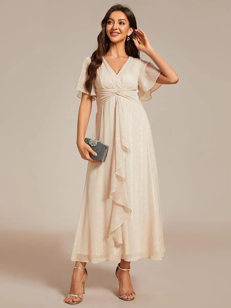 Robe d'invité de mariage mi-longue trapèze à manches courtes et paillettes avec ourlet à volants