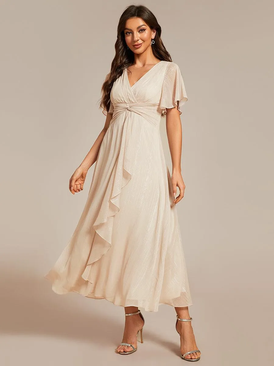 Robe d'invité de mariage mi-longue trapèze à manches courtes et paillettes avec ourlet à volants