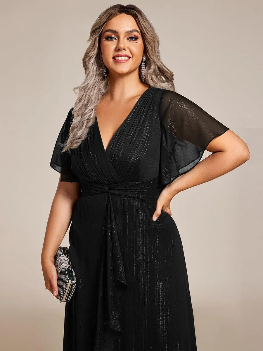 Robe d'invité de mariage mi-longue trapèze à manches courtes et paillettes avec ourlet à volants