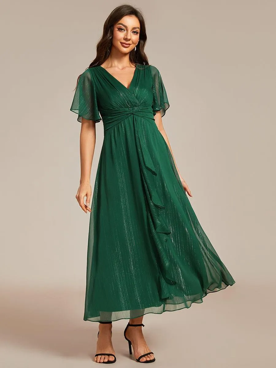 Robe d'invité de mariage mi-longue trapèze à manches courtes et paillettes avec ourlet à volants