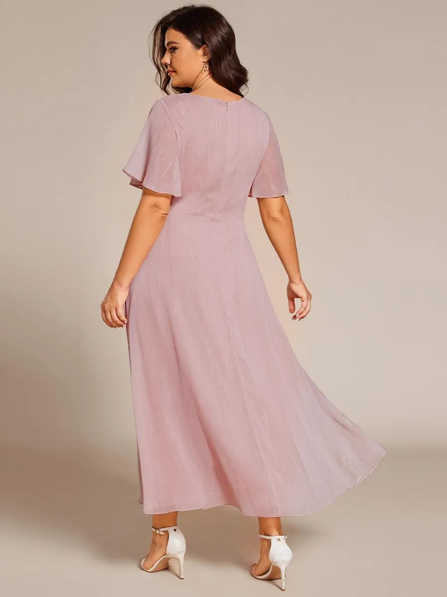 Robe d'invité de mariage mi-longue trapèze à manches courtes et paillettes avec ourlet à volants