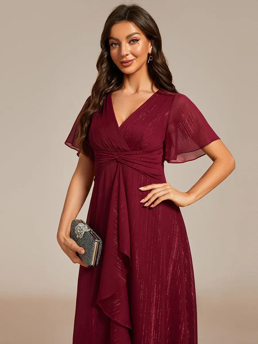 Robe d'invité de mariage mi-longue trapèze à manches courtes et paillettes avec ourlet à volants