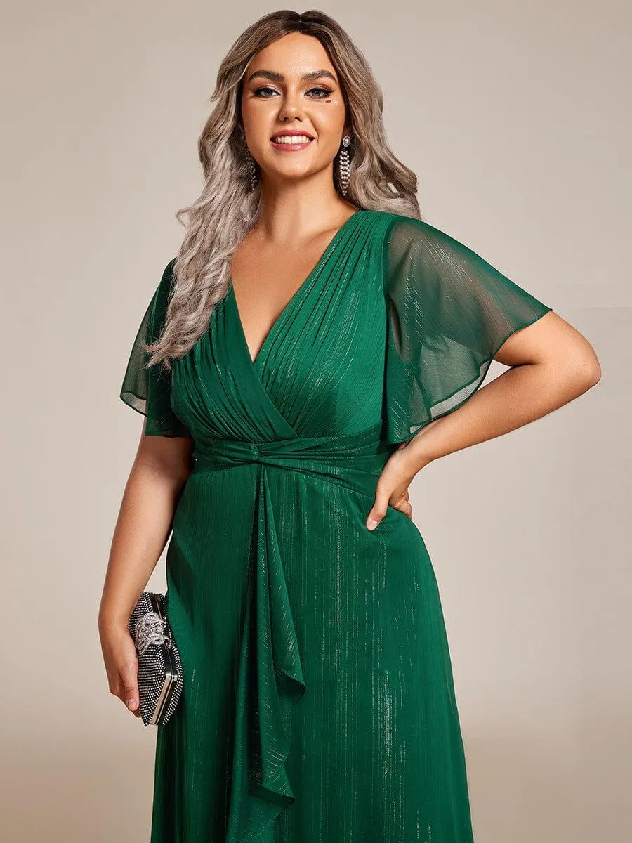 Robe d'invité de mariage mi-longue trapèze à manches courtes et paillettes avec ourlet à volants
