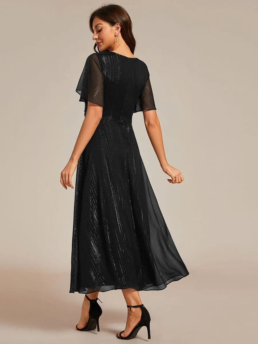 Robe d'invité de mariage mi-longue trapèze à manches courtes et paillettes avec ourlet à volants