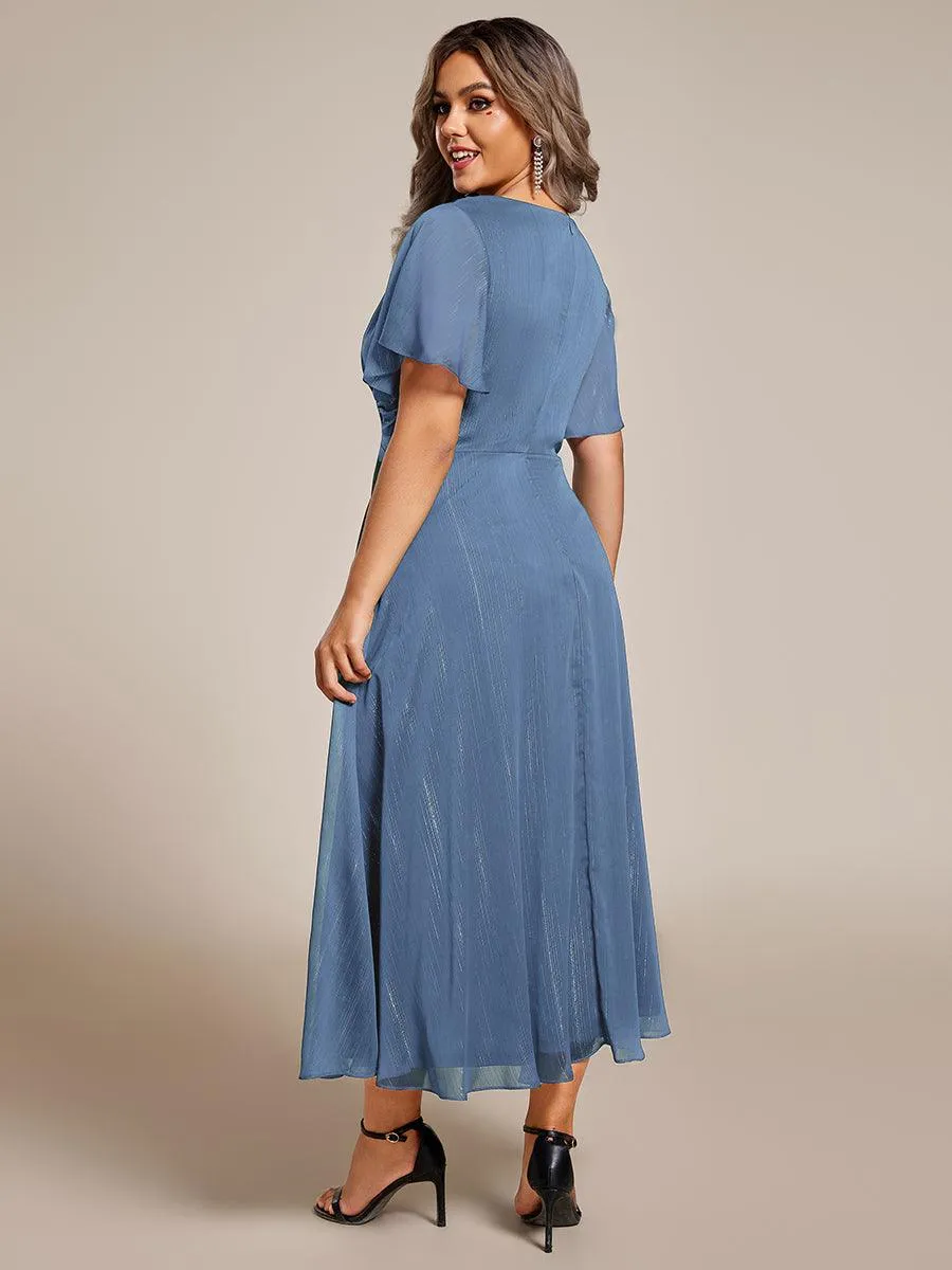 Robe d'invité de mariage mi-longue trapèze à manches courtes et paillettes avec ourlet à volants
