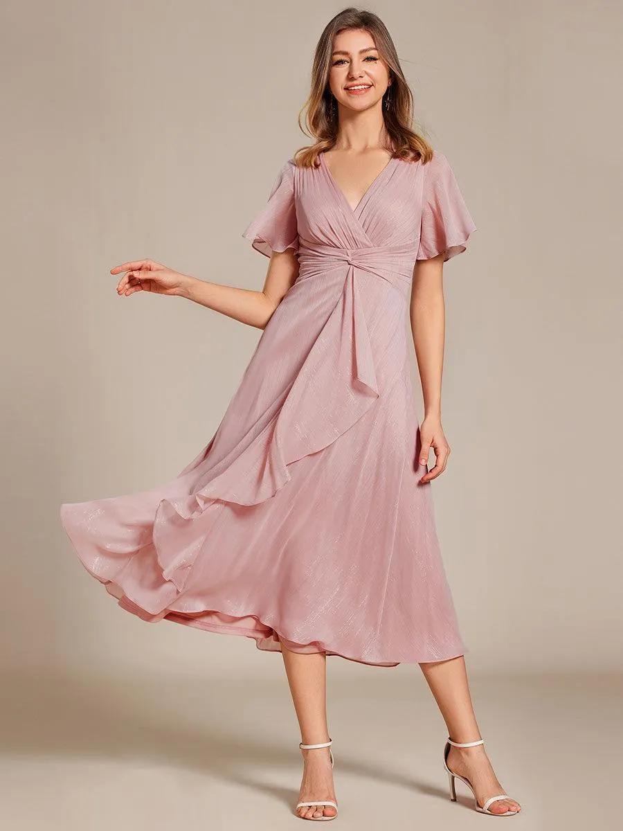 Robe d'invité de mariage mi-longue trapèze à manches courtes et paillettes avec ourlet à volants