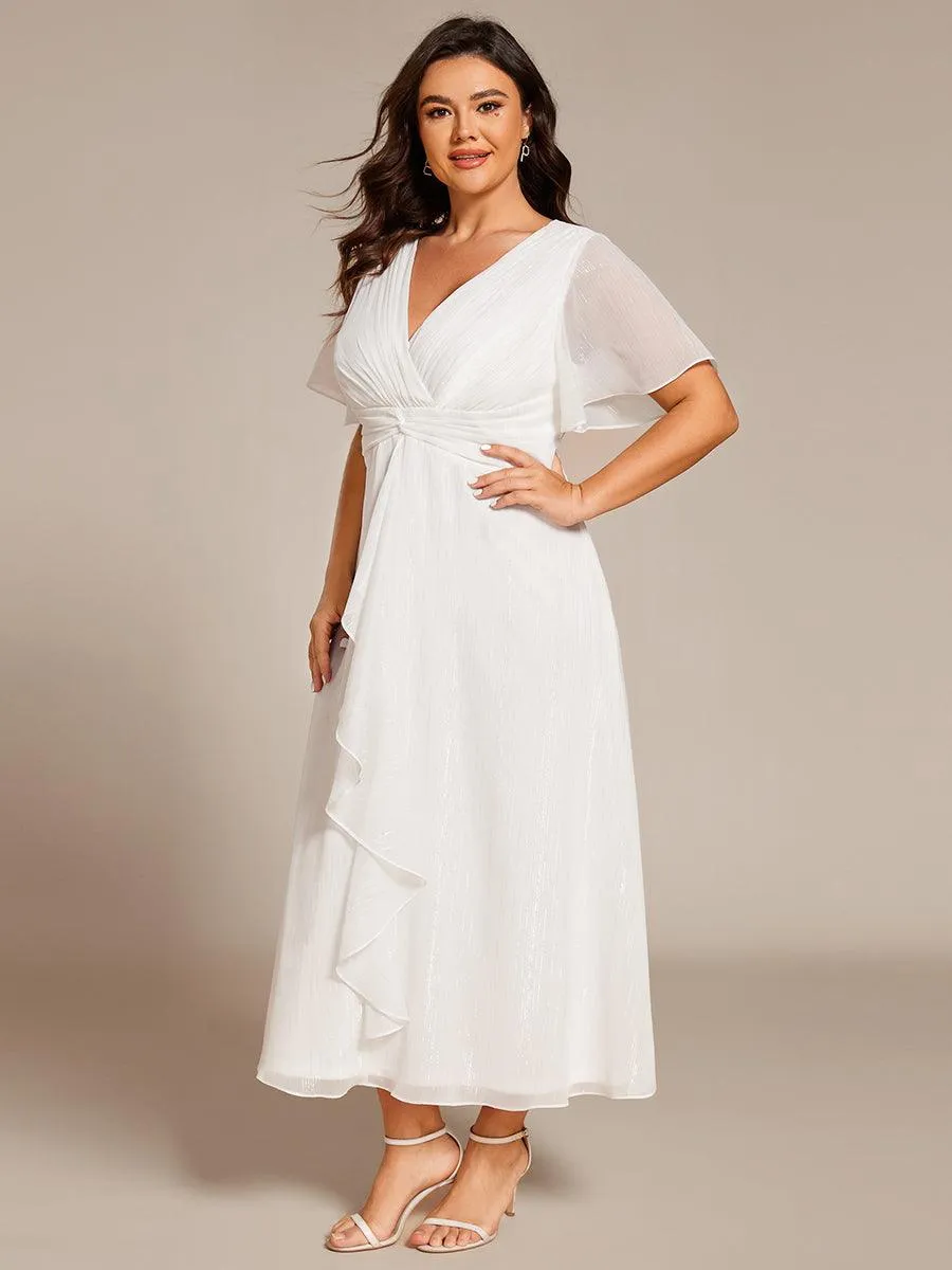 Robe d'invité de mariage mi-longue trapèze à manches courtes et paillettes avec ourlet à volants
