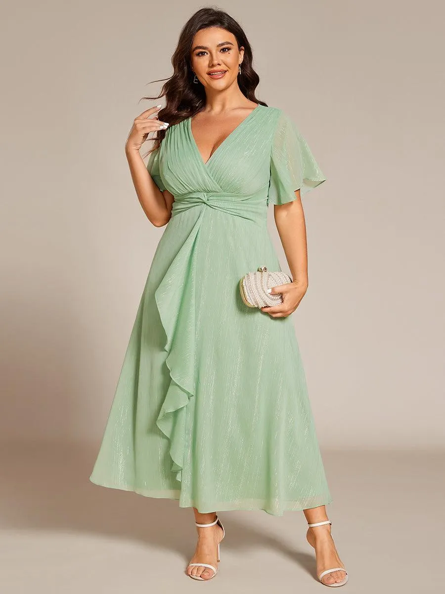 Robe d'invité de mariage mi-longue trapèze à manches courtes et paillettes avec ourlet à volants