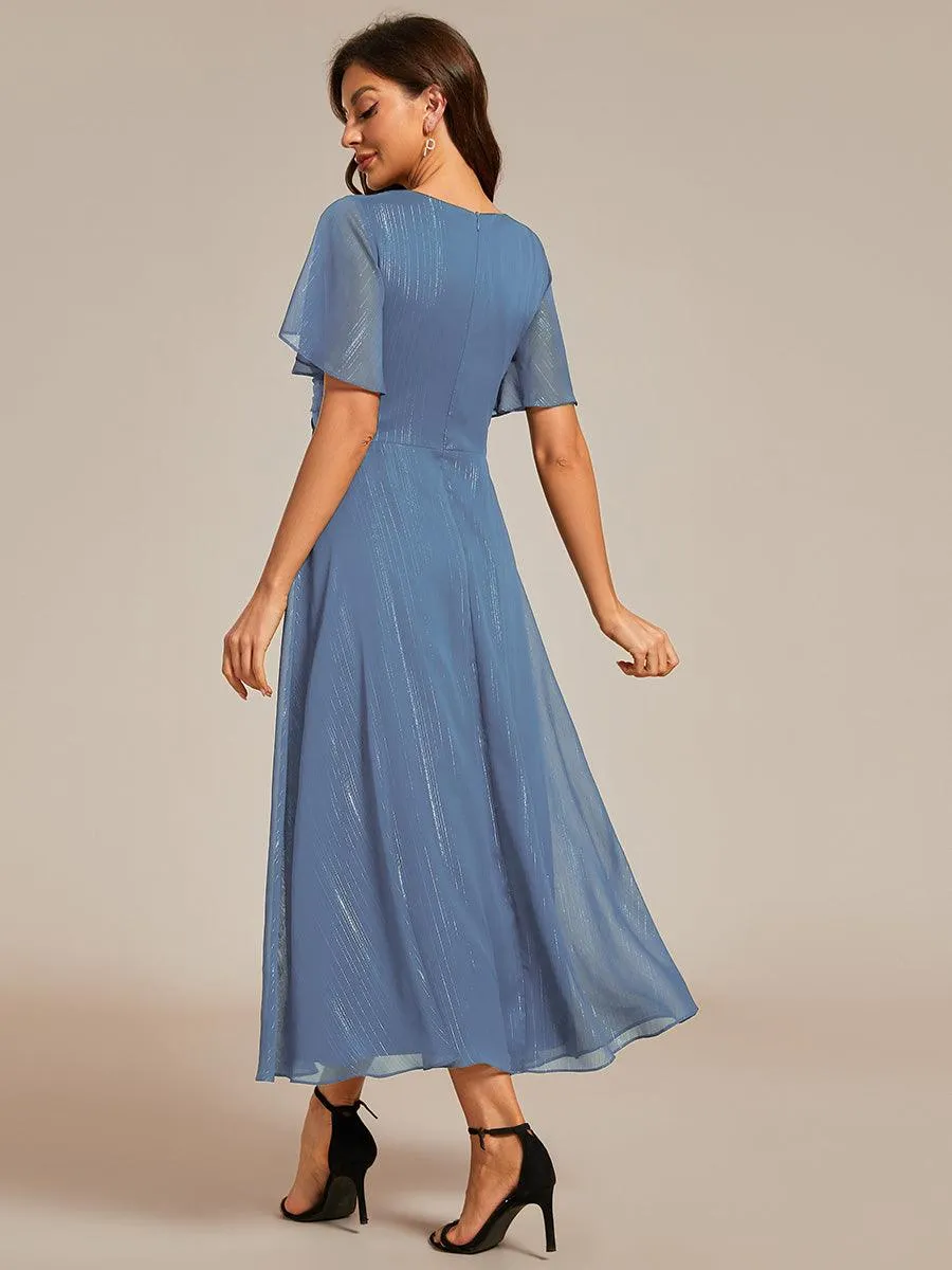 Robe d'invité de mariage mi-longue trapèze à manches courtes et paillettes avec ourlet à volants