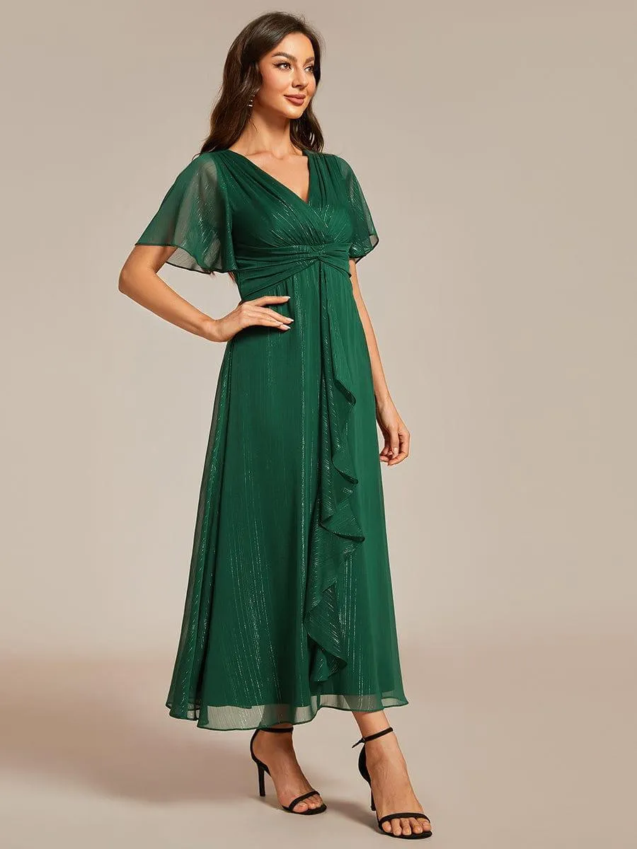 Robe d'invité de mariage mi-longue trapèze à manches courtes et paillettes avec ourlet à volants