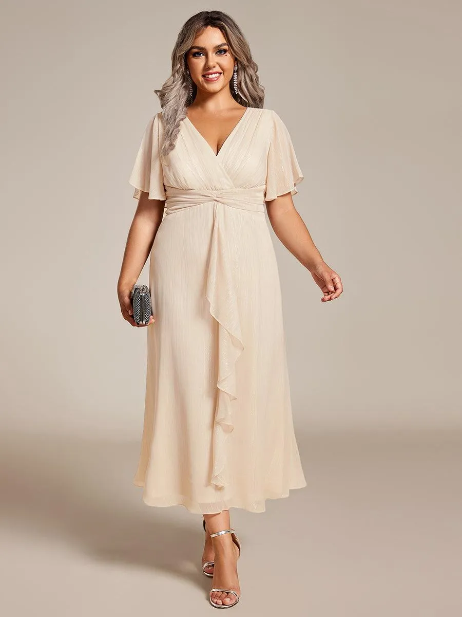 Robe d'invité de mariage mi-longue trapèze à manches courtes et paillettes avec ourlet à volants