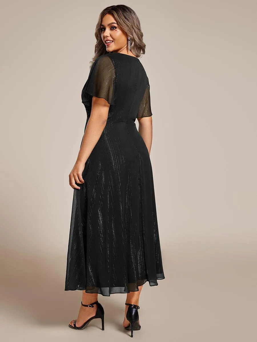 Robe d'invité de mariage mi-longue trapèze à manches courtes et paillettes avec ourlet à volants