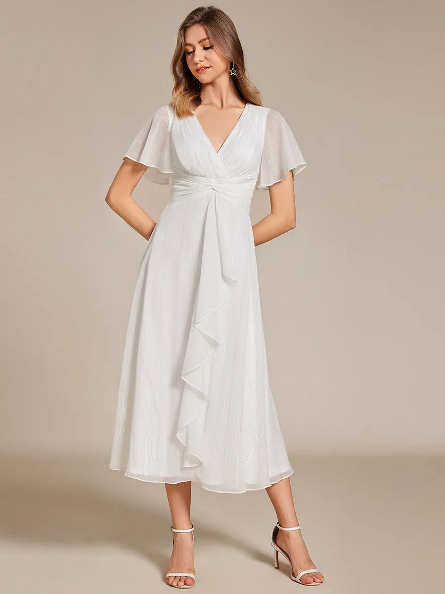 Robe d'invité de mariage mi-longue trapèze à manches courtes et paillettes avec ourlet à volants