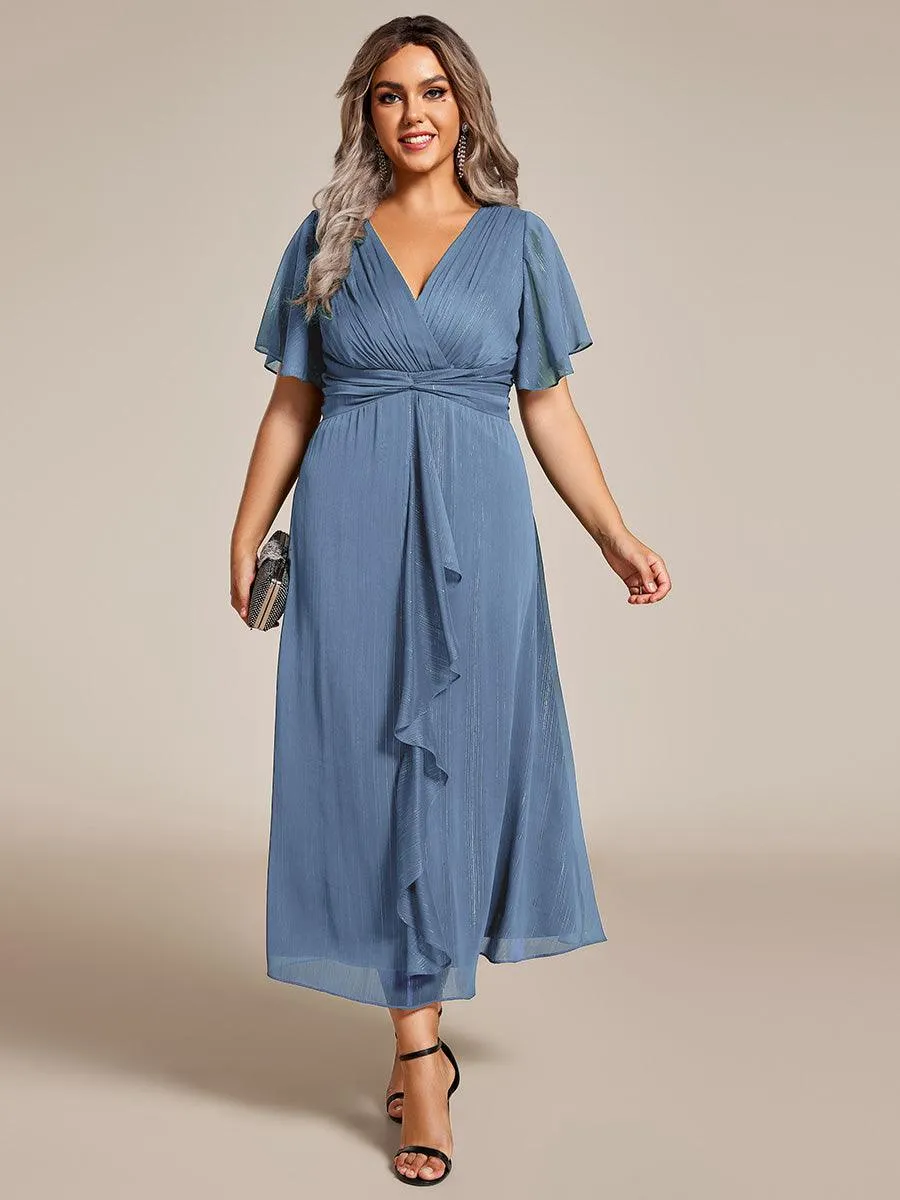 Robe d'invité de mariage mi-longue trapèze à manches courtes et paillettes avec ourlet à volants