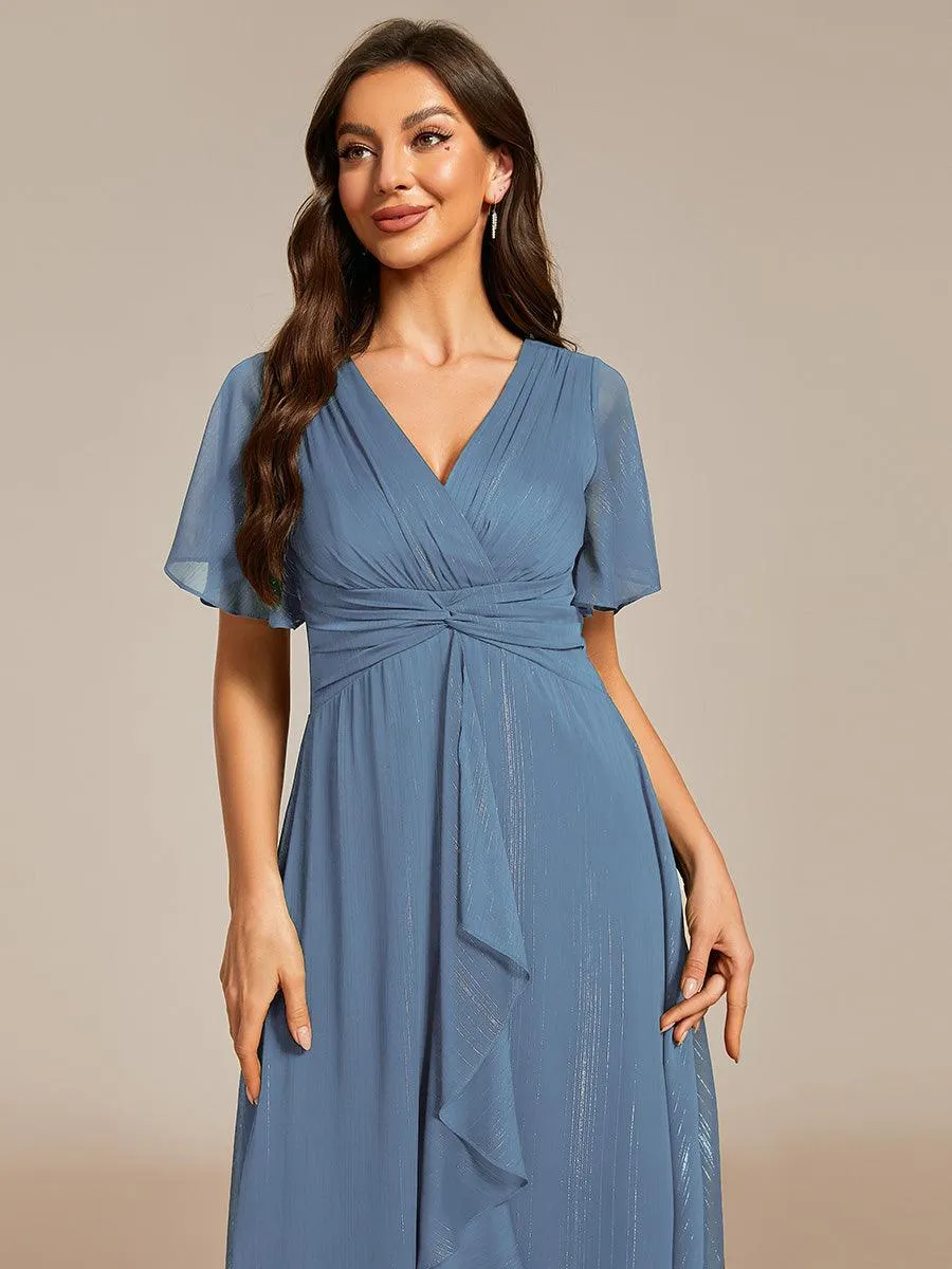 Robe d'invité de mariage mi-longue trapèze à manches courtes et paillettes avec ourlet à volants