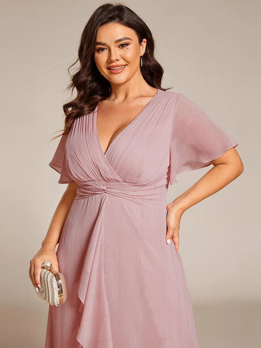 Robe d'invité de mariage mi-longue trapèze à manches courtes et paillettes avec ourlet à volants
