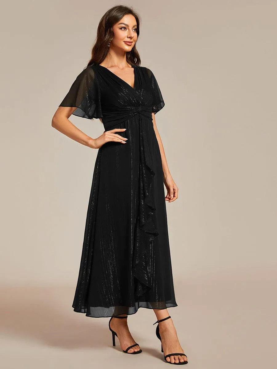 Robe d'invité de mariage mi-longue trapèze à manches courtes et paillettes avec ourlet à volants