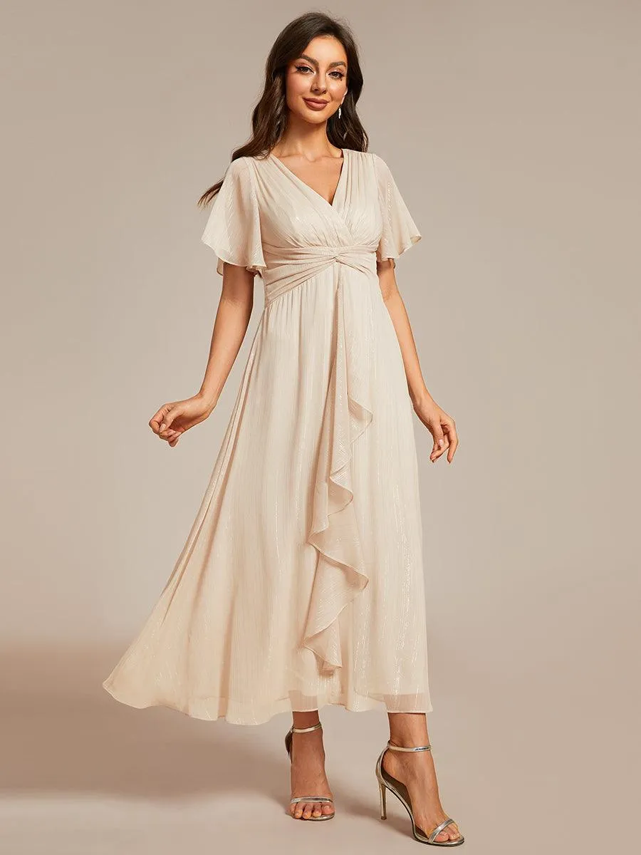 Robe d'invité de mariage mi-longue trapèze à manches courtes et paillettes avec ourlet à volants