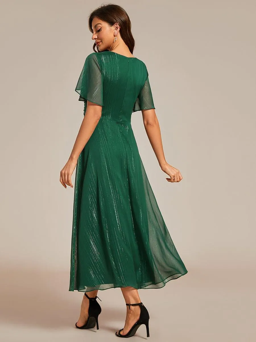 Robe d'invité de mariage mi-longue trapèze à manches courtes et paillettes avec ourlet à volants