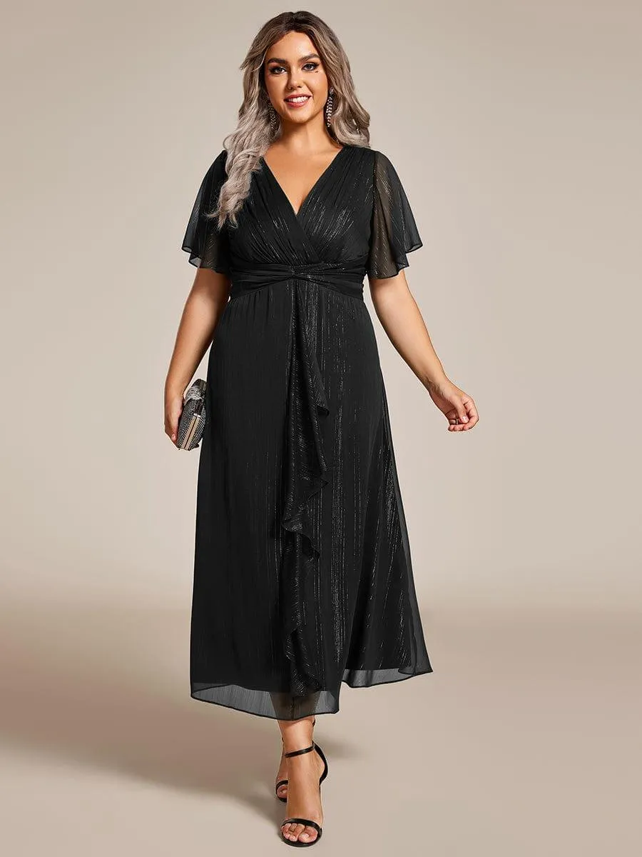 Robe d'invité de mariage mi-longue trapèze à manches courtes et paillettes avec ourlet à volants