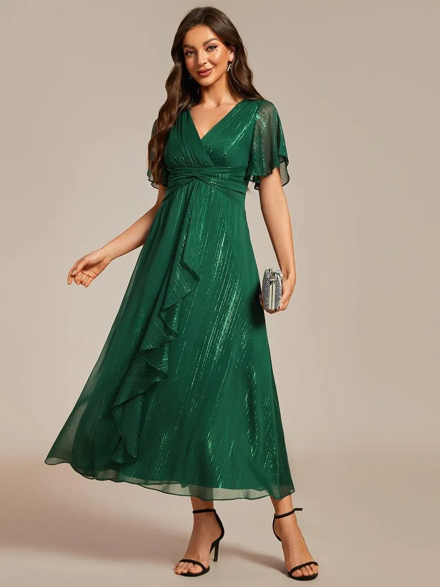 Robe d'invité de mariage mi-longue trapèze à manches courtes et paillettes avec ourlet à volants