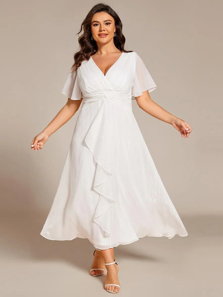 Robe d'invité de mariage mi-longue trapèze à manches courtes et paillettes avec ourlet à volants
