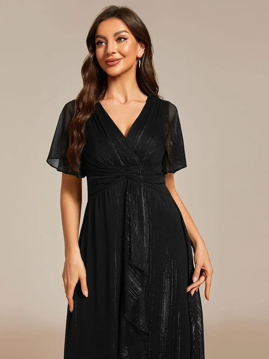 Robe d'invité de mariage mi-longue trapèze à manches courtes et paillettes avec ourlet à volants