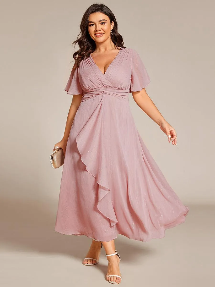 Robe d'invité de mariage mi-longue trapèze à manches courtes et paillettes avec ourlet à volants