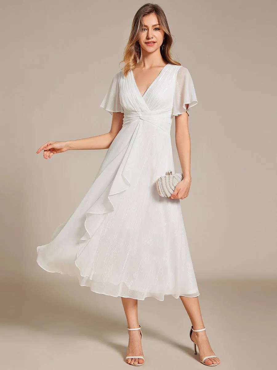 Robe d'invité de mariage mi-longue trapèze à manches courtes et paillettes avec ourlet à volants