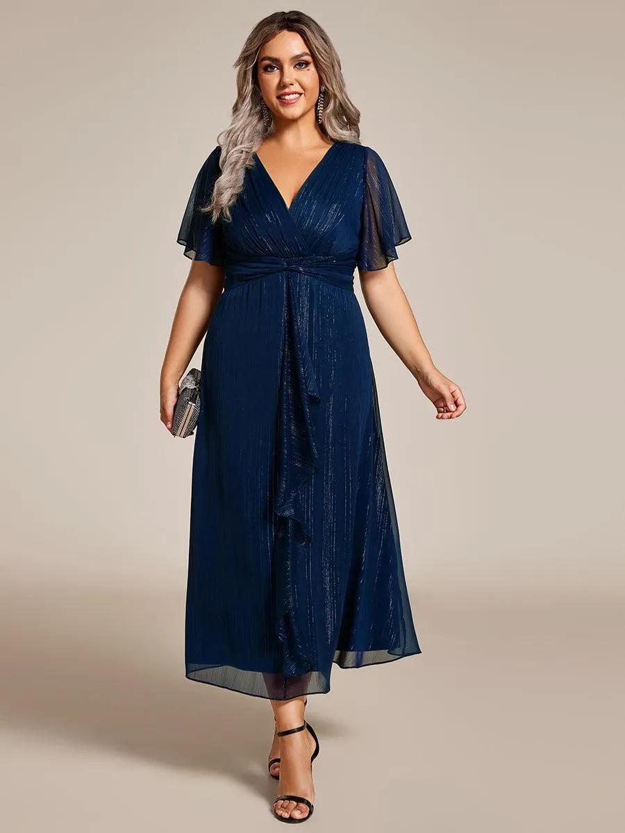 Robe d'invité de mariage mi-longue trapèze à manches courtes et paillettes avec ourlet à volants