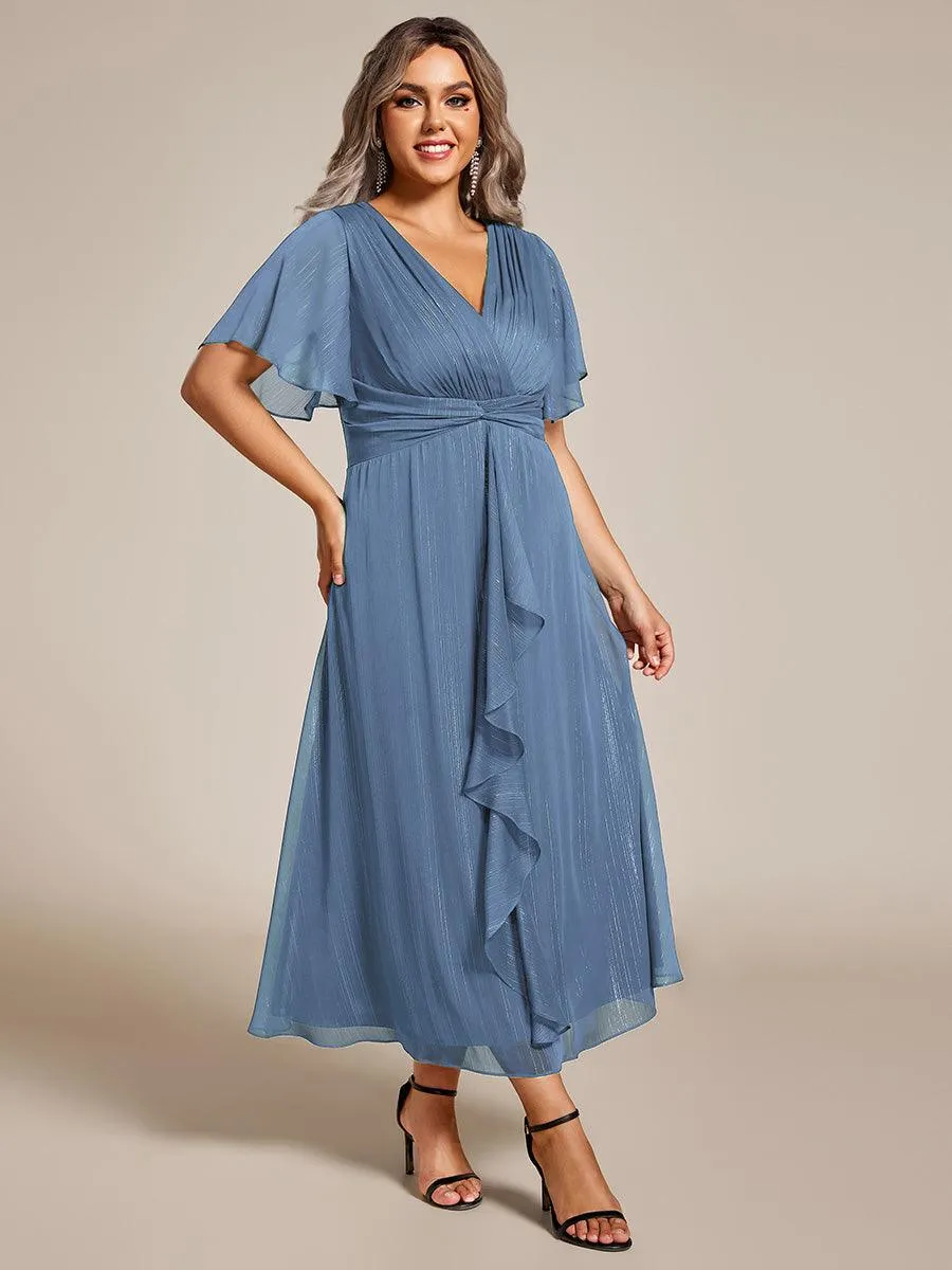 Robe d'invité de mariage mi-longue trapèze à manches courtes et paillettes avec ourlet à volants